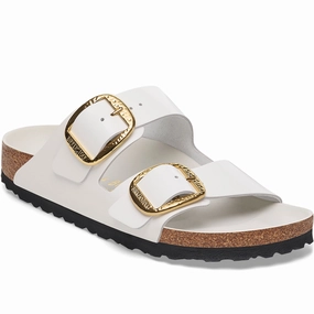 Quarter turn Women's Birkenstock Footwear style name Arizona Big Buckle Hammered Narrow in color High Shine Antique White. Sku: 1029520