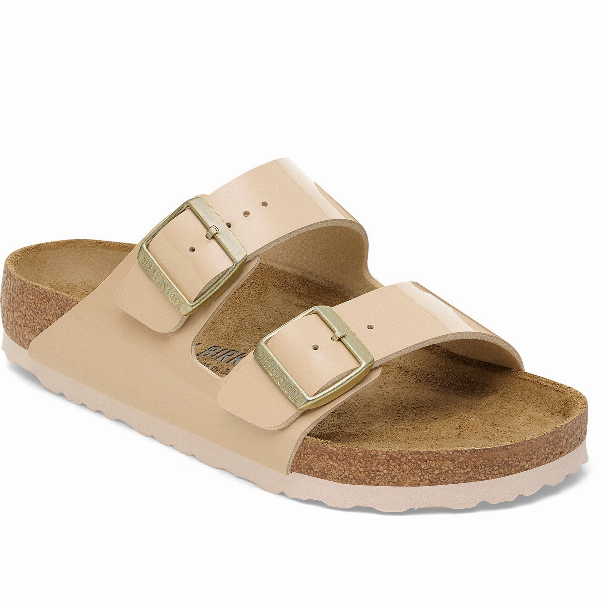 Quarter turn Women's Birkenstock Footwear style name Arizona Birko Flor Narrow Narrow in color Patent Sand. Sku: 1013070