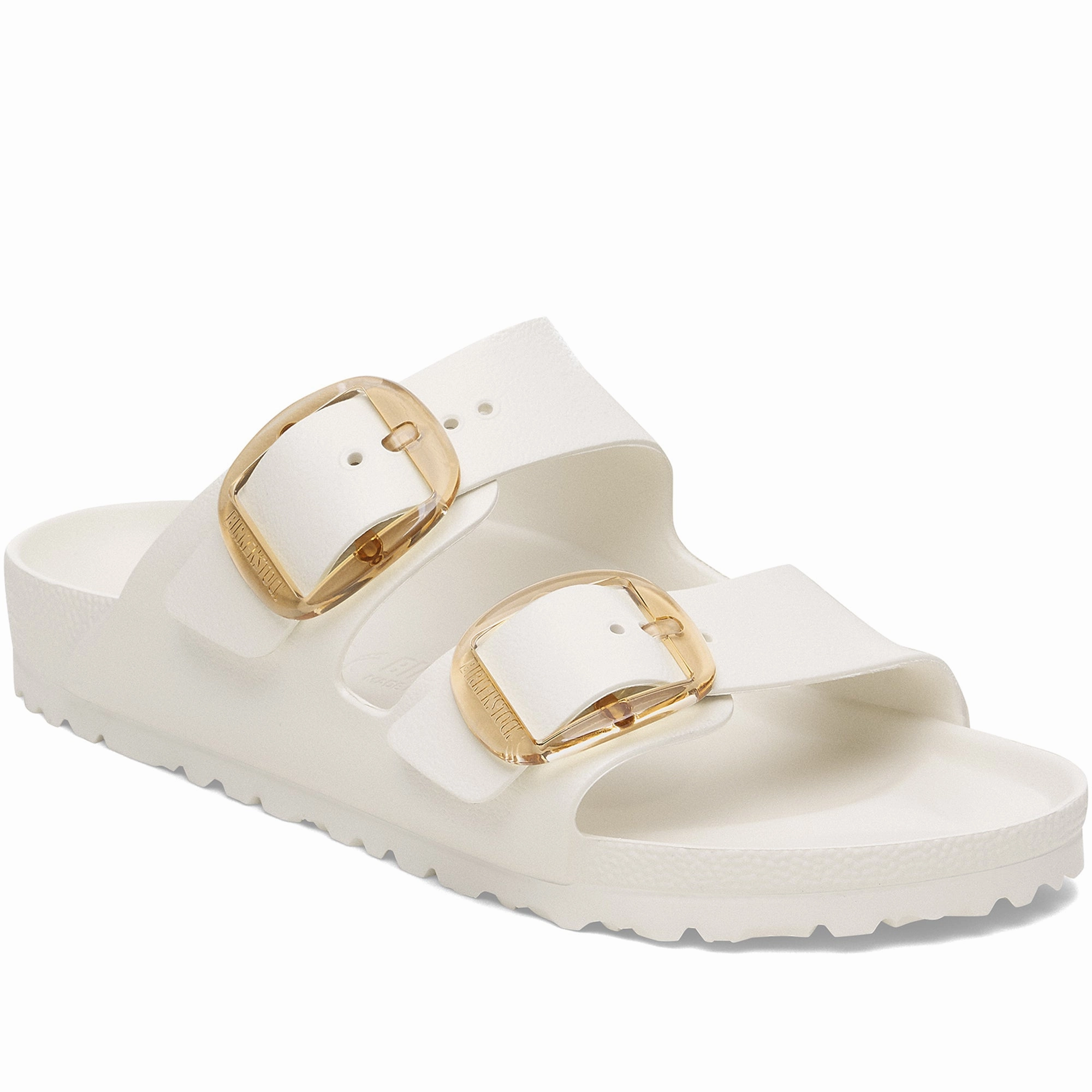 Quarter turn Women's Birkenstock Footwear style name Arizona Eva Big Buckle Narrow in color Eggshell. Sku: 1029651
