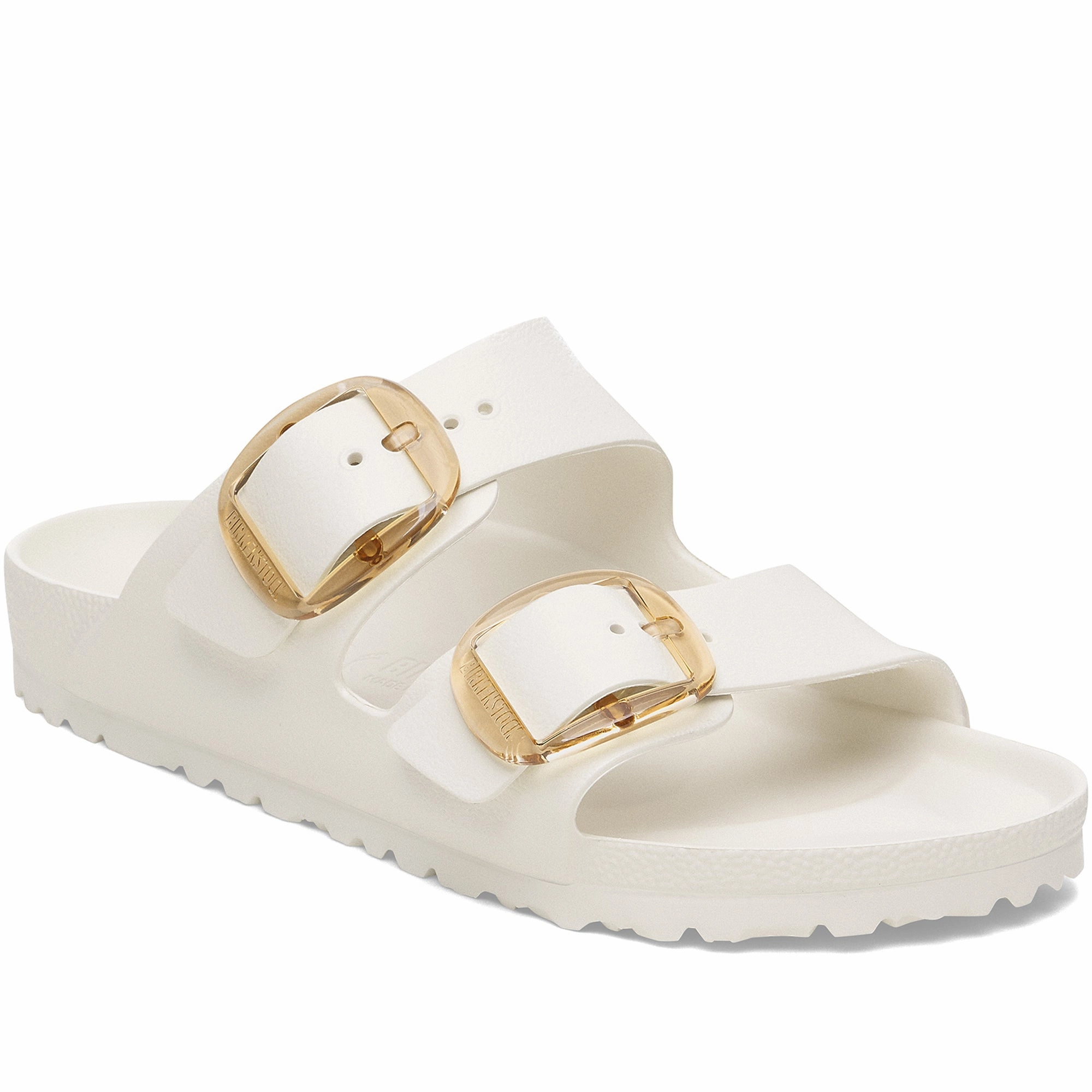 Quarter turn Women's Birkenstock Footwear style name Arizona Eva Big Buckle Narrow in color Eggshell. Sku: 1029651