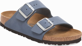 Quarter turn view Women's Birkenstock Footwear style name Arizona Nubuck Regular in color STONE BLUE. Sku: 1030317