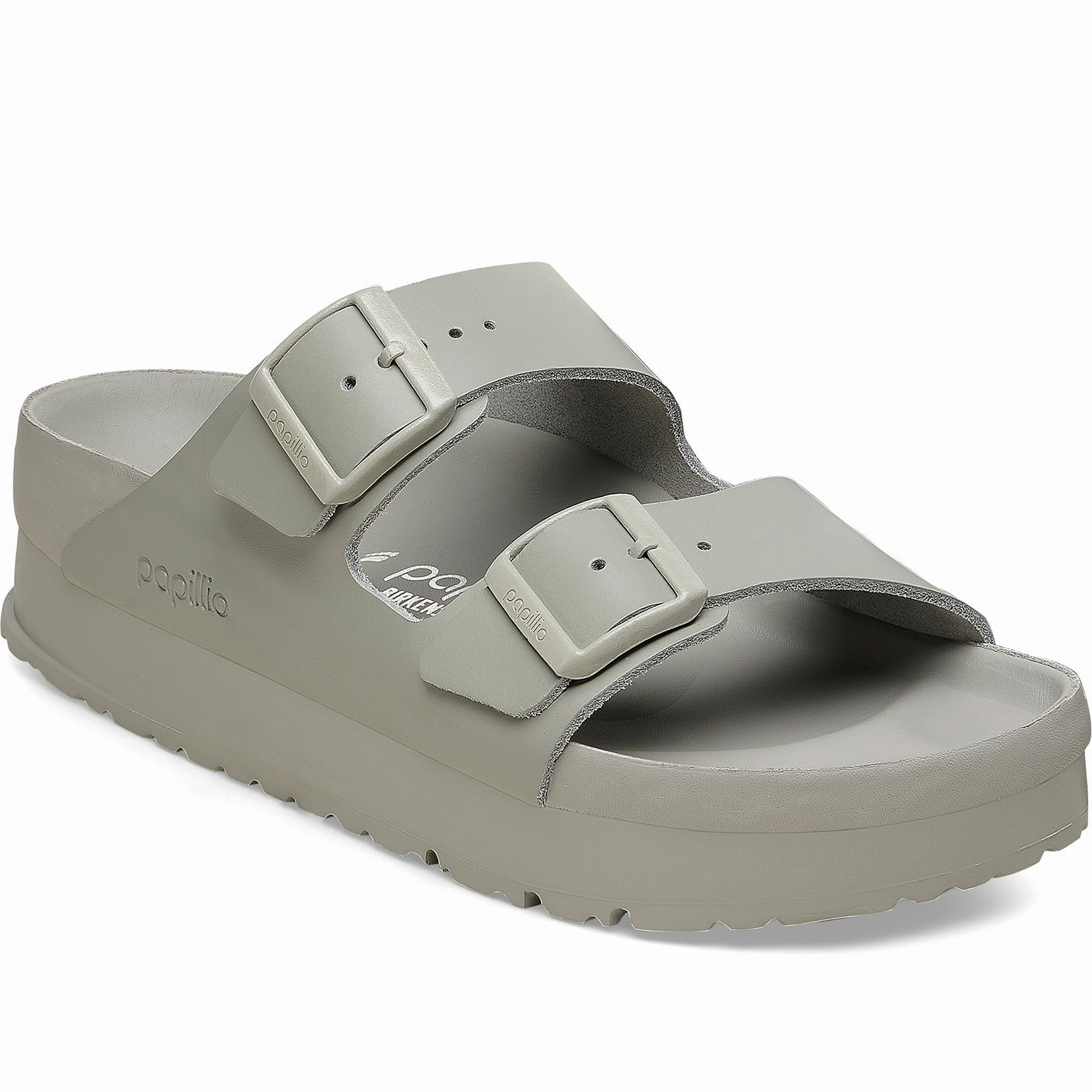 Quarter turn Women's Birkenstock Footwear style name Arizona Platform Exquisite Narrow in color Min Gray. Sku: 1026913