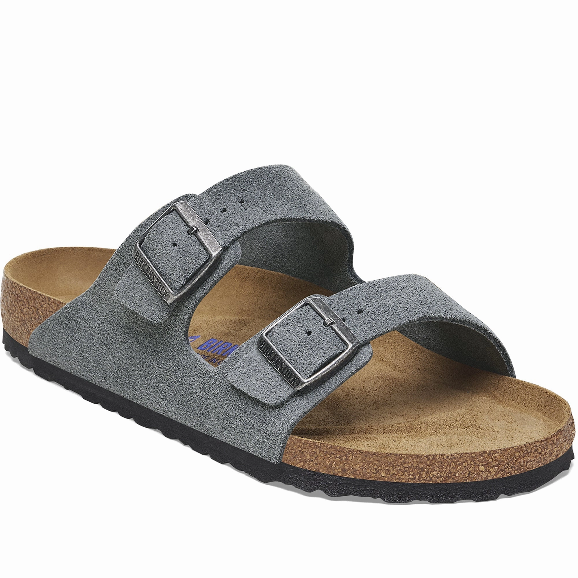 Quarter turn Men's Birkenstock Footwear style name Arizona Soft Footbed Suede Regular in color Basalt Gray. Sku: 1029790