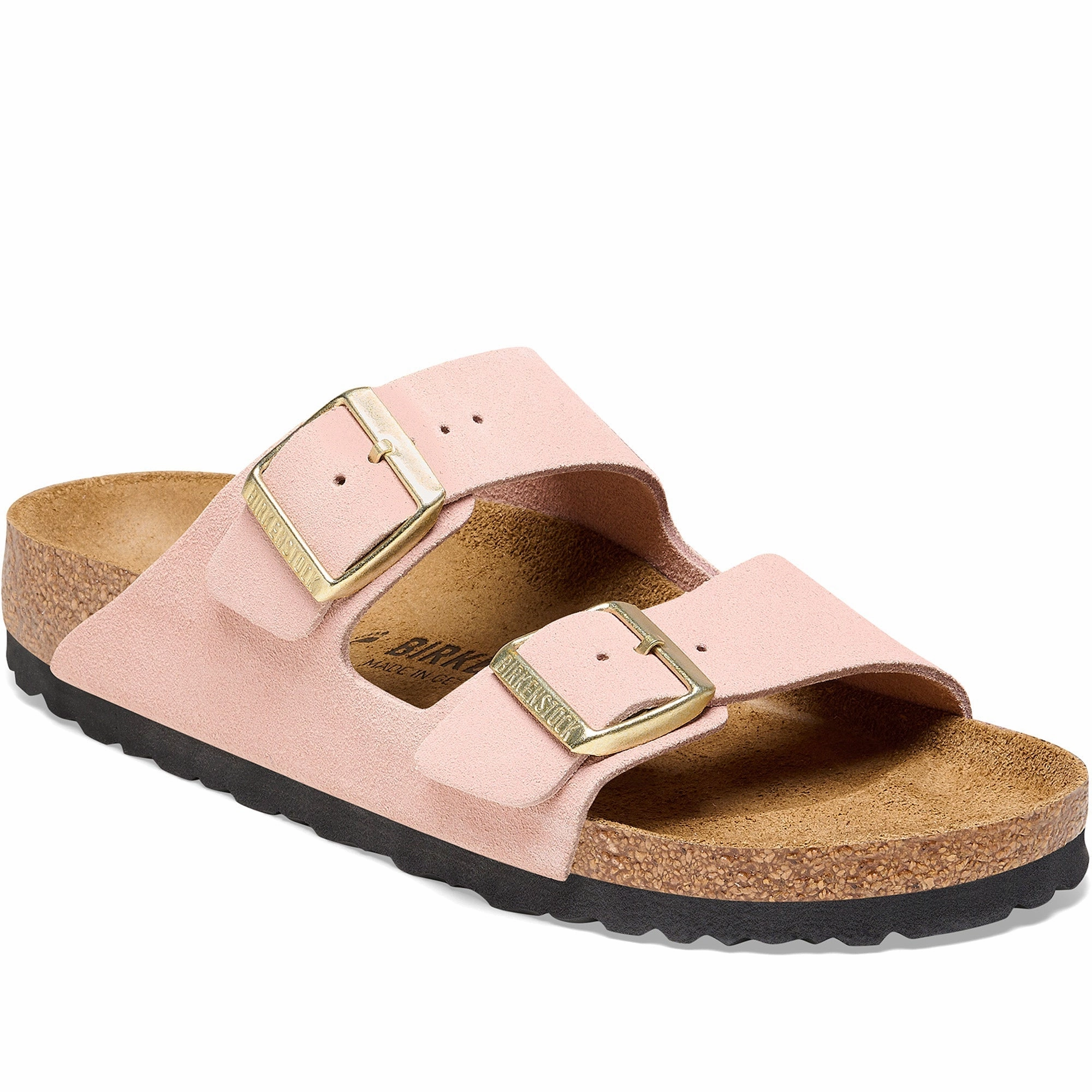 Quarter turn Women's Birkenstock Footwear style name Arizona Suede Narrow in color Light Rose Suede. Sku: 1026170