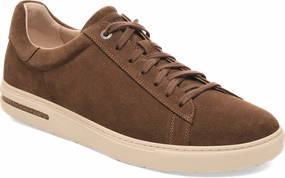 Quarter turn view Men's Birkenstock Footwear style name Bend Suede in color DARK TEA. Sku: 1030130