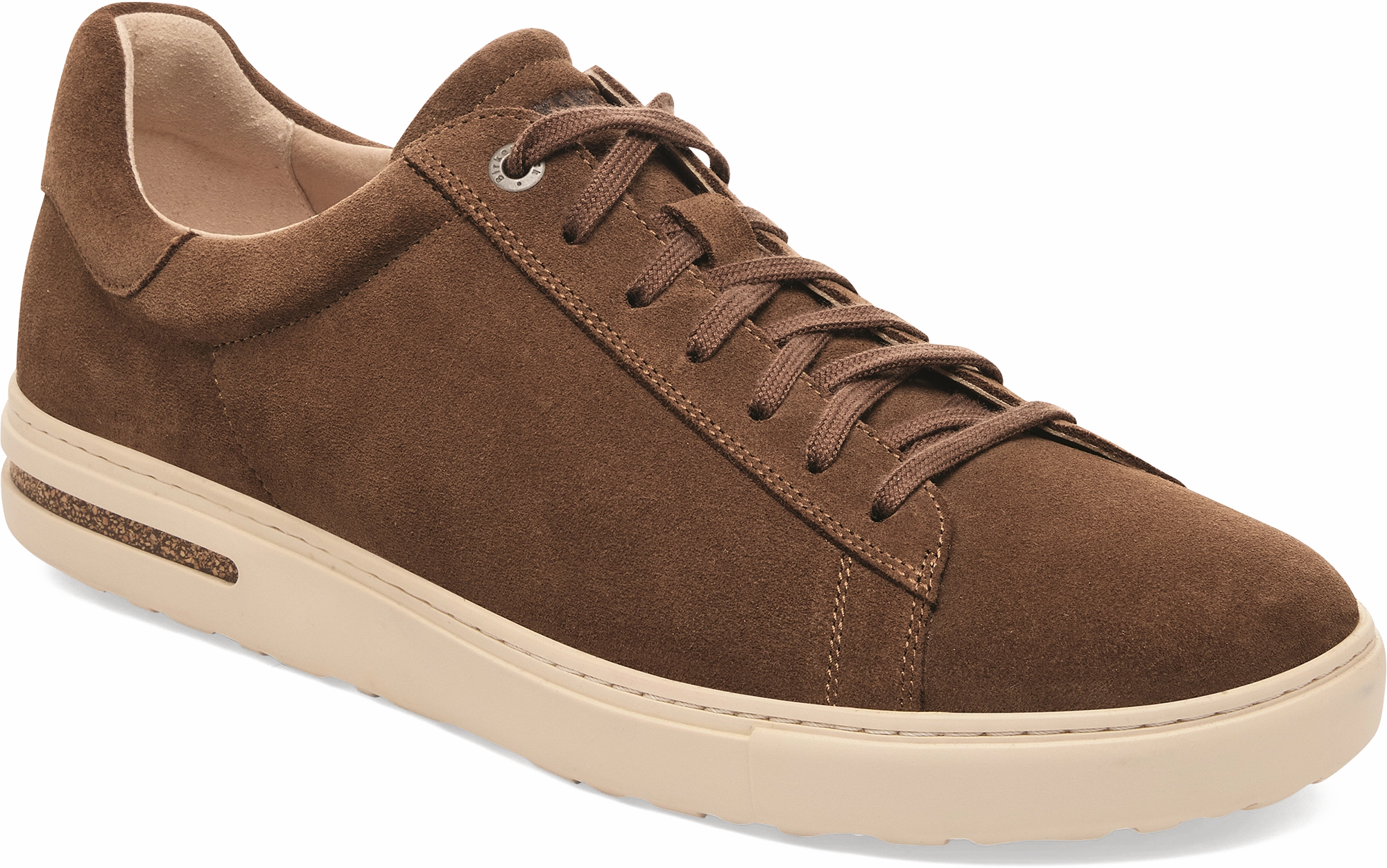 Quarter turn view Men's Birkenstock Footwear style name Bend Suede in color DARK TEA. Sku: 1030130