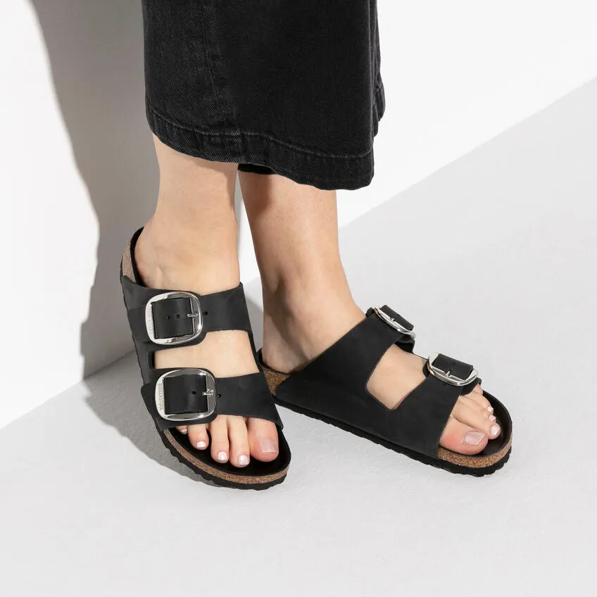 BIRKENSTOCK ARIZONA BIG BUCKLE - BLACK OILED LEATHER Soft Band Fashionable Flip-flops for Travel