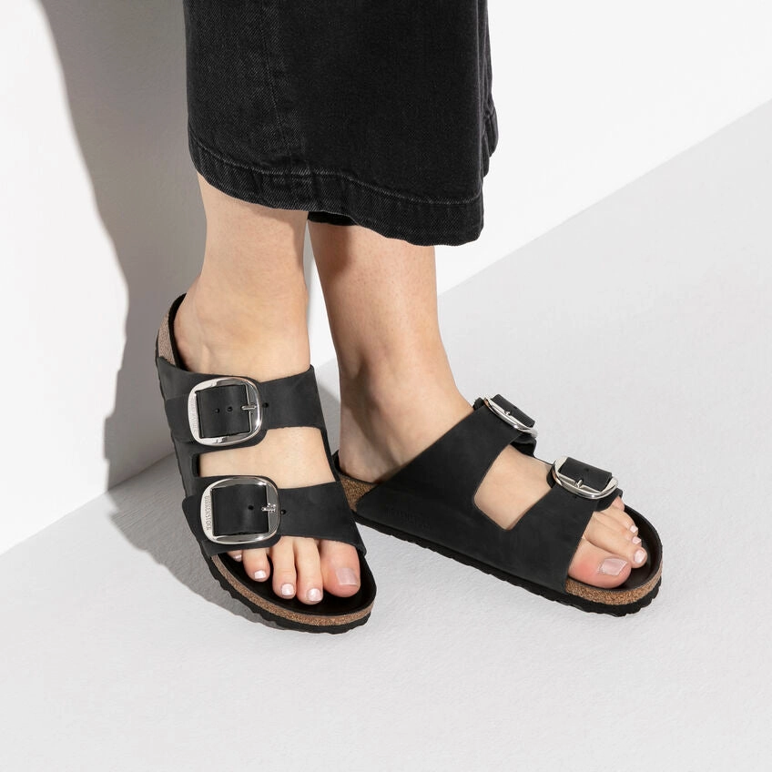BIRKENSTOCK ARIZONA BIG BUCKLE - BLACK OILED LEATHER Soft Band Fashionable Flip-flops for Travel