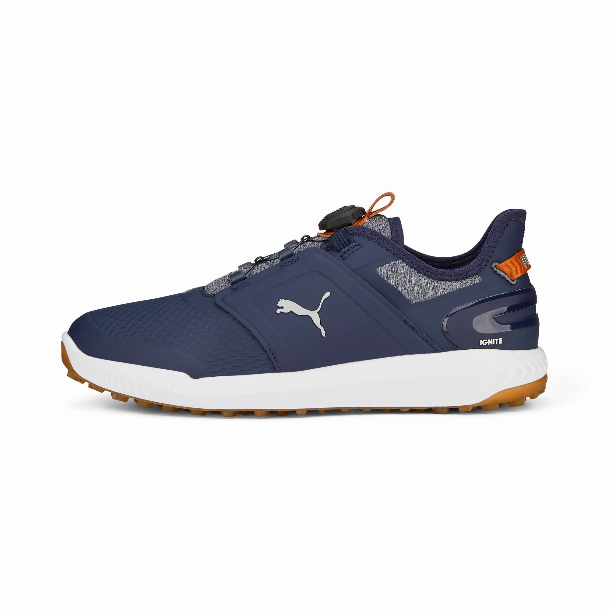 Built-in silhouette Sculpted materials IGNITE ELEVATE DISC Spikeless Golf Shoes | Puma Navy / Puma Silver