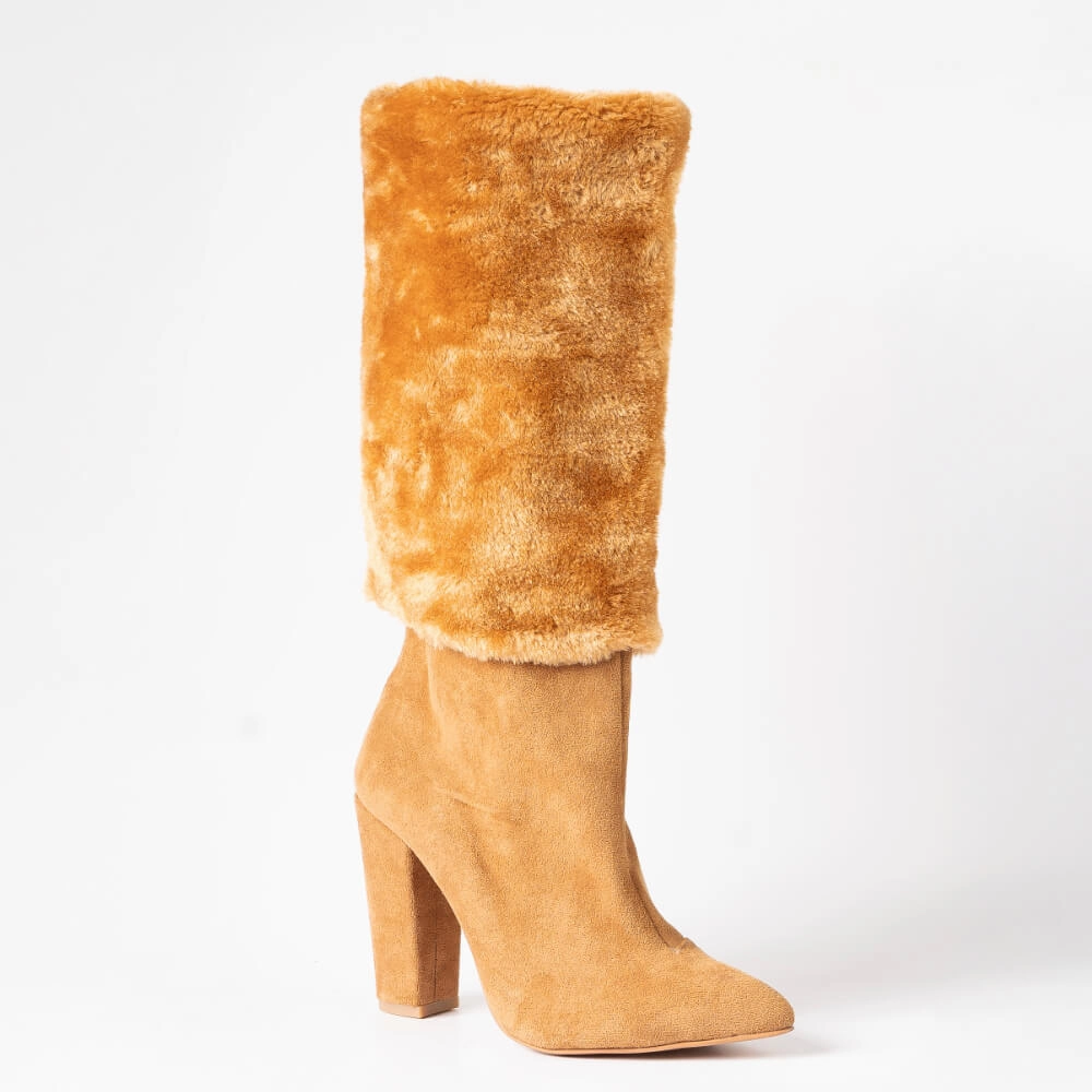 Performance Trendy Platform Heels BreeAnne - Dark Tan Faux Fur - Street Sole