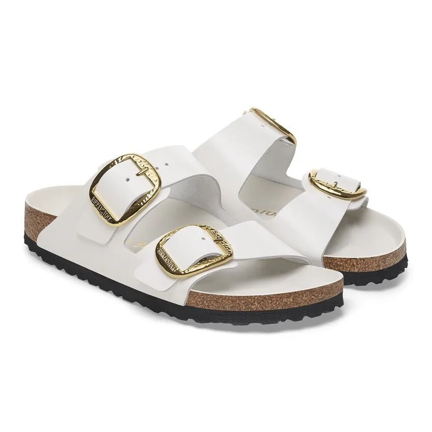 Arizona Hammered Big Buckle | High-Shine Patent Leather | Antique White Comfort Wedge