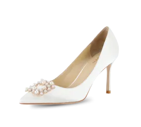 Crystal Pearl Buckled Satin Pumps Classic Dress Shoes