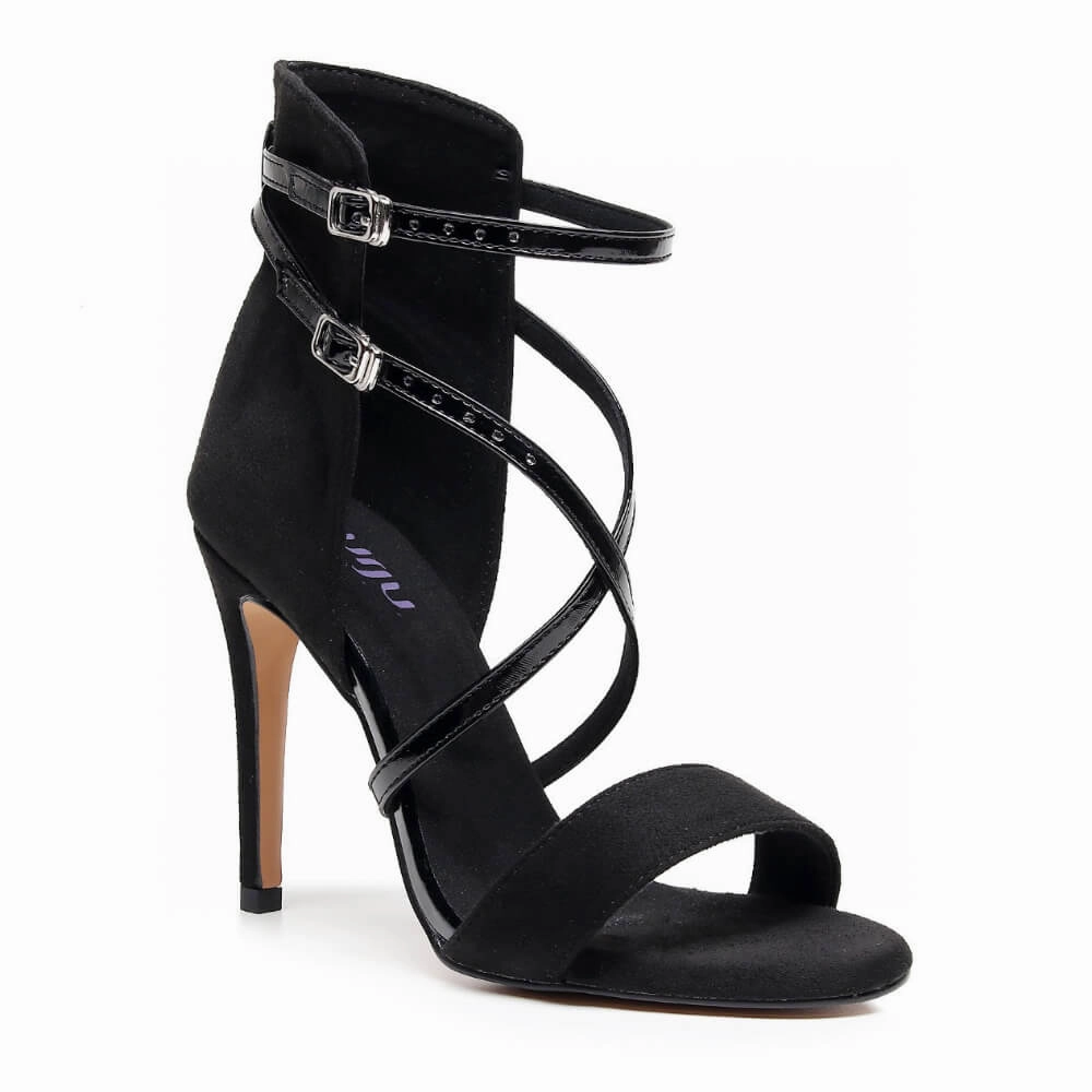 Red High Heels for Weddings Luxury Sandals Desnudate - Black Patent and Vegan Suede - Street Sole