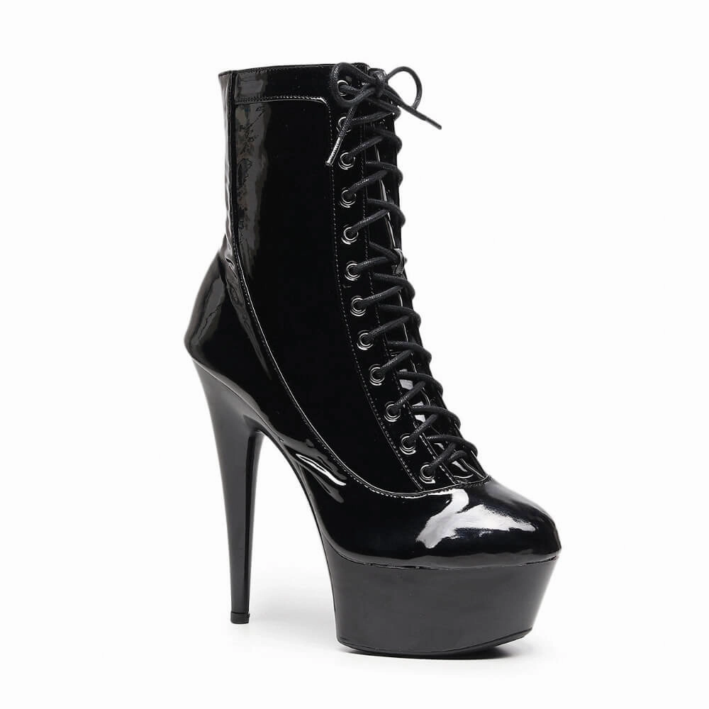 Devon - Black Wet Look - Street Sole Comfortable Heels