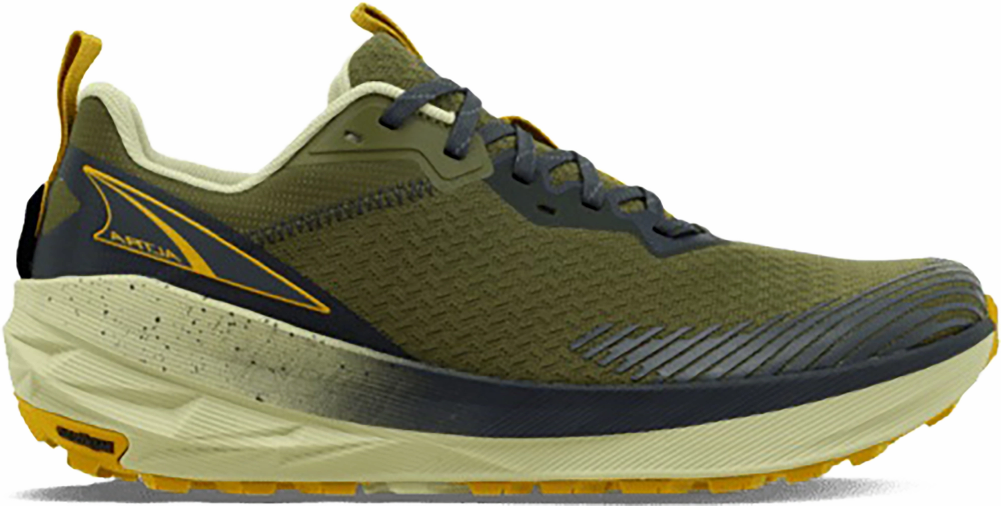 Quarter turn view Men's Altra Footwear style name Experience Wild 2 in color DSTY OLIVE. Sku: AL0A85RX-315