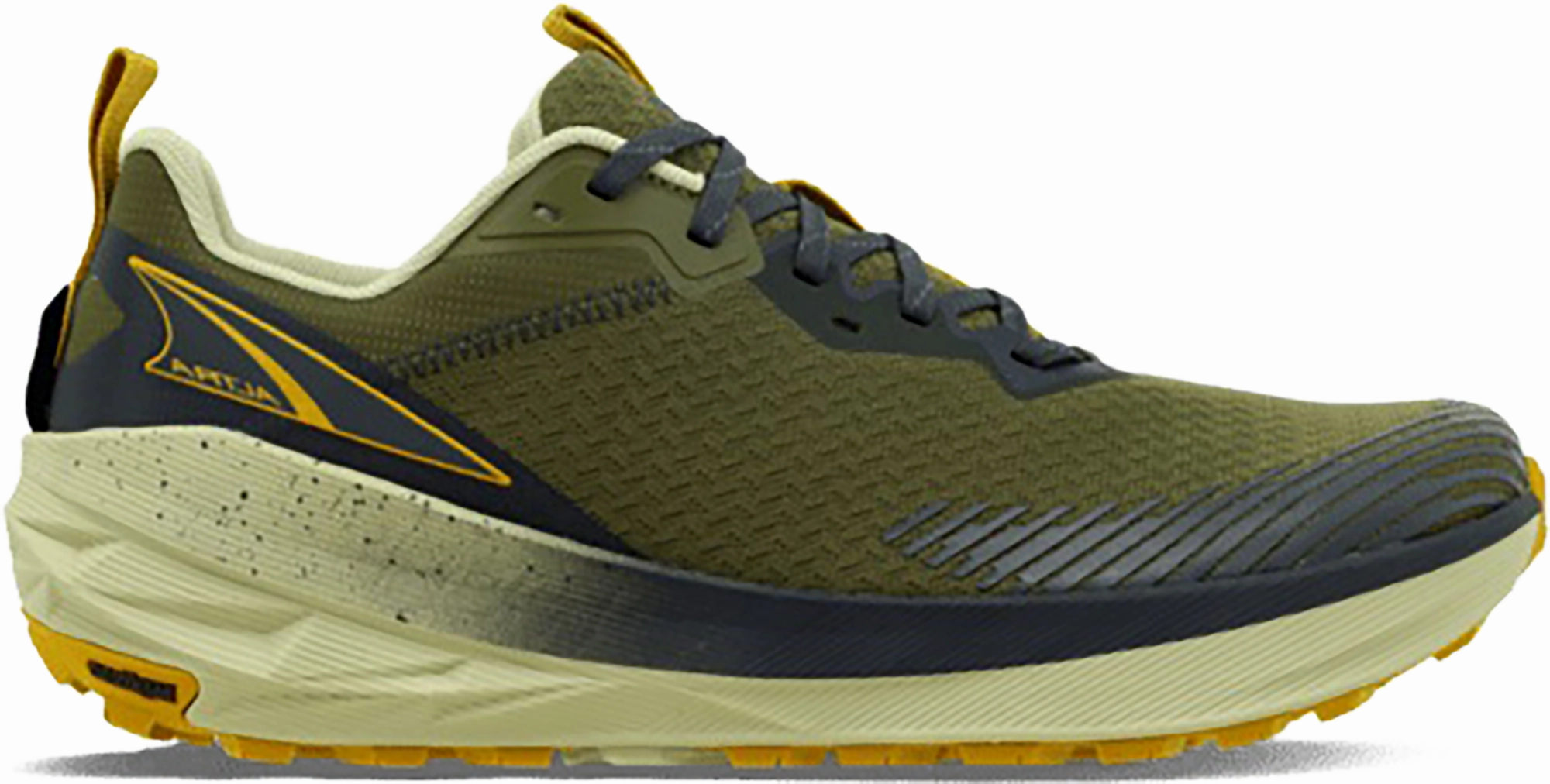 Quarter turn view Men's Altra Footwear style name Experience Wild 2 in color DSTY OLIVE. Sku: AL0A85RX-315