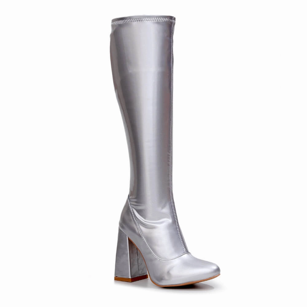 La Gogo Calf Boot - Silver Stretch - Street Sole Stylish Comfort Glam Heels