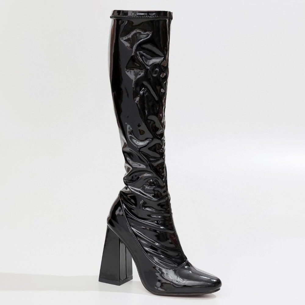 Contoured Fit Glamorous Appeal La Gogo Calf Boot - Black Wet Look - Street Sole