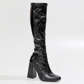 Contoured Fit Glamorous Appeal La Gogo Calf Boot - Black Wet Look - Street Sole