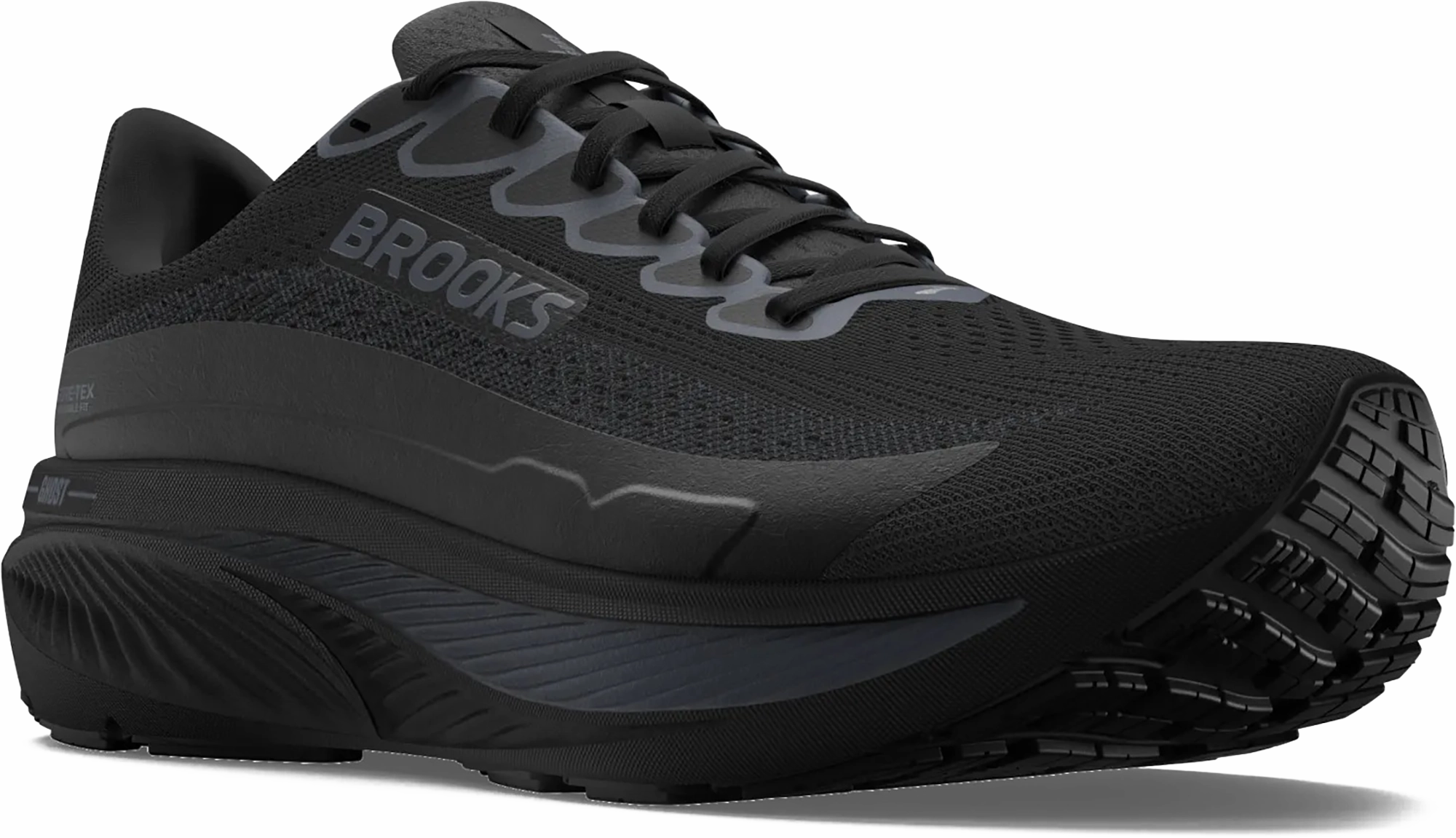 Quarter turn view Men's Brooks Footwear style name Ghost 17 GTX Medium in color BLK/BLK/EB. Sku: 110462-1D020