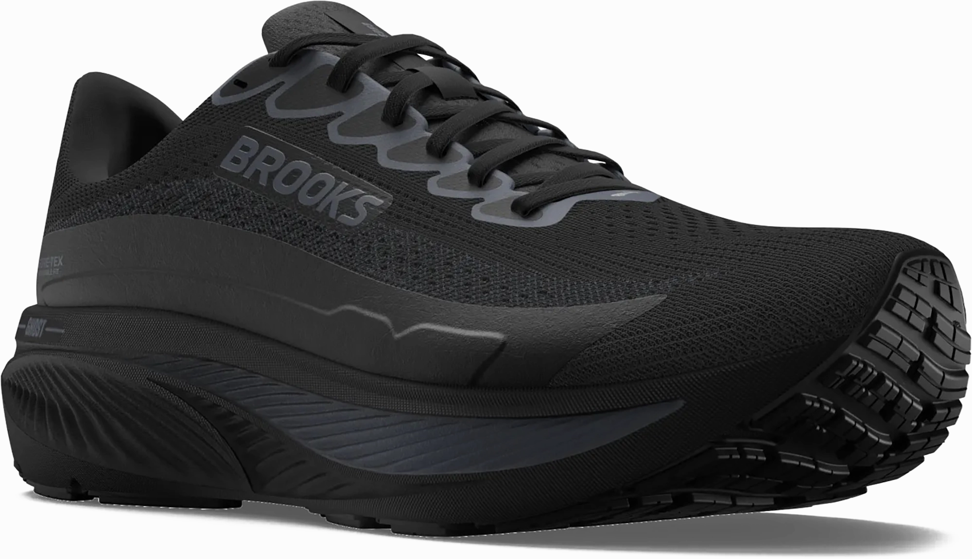 Quarter turn view Men's Brooks Footwear style name Ghost 17 GTX Medium in color BLK/BLK/EB. Sku: 110462-1D020