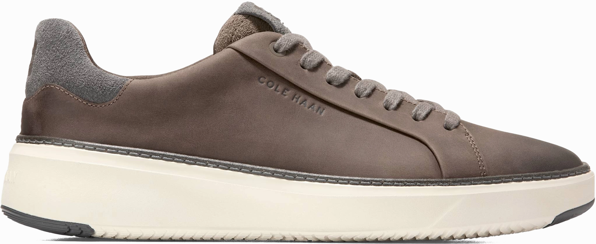 Quarter turn view Men's Cole Haan Footwear style name Grandpro Topspin Sneaker in color MOREL NUBUCK. Sku: C42222