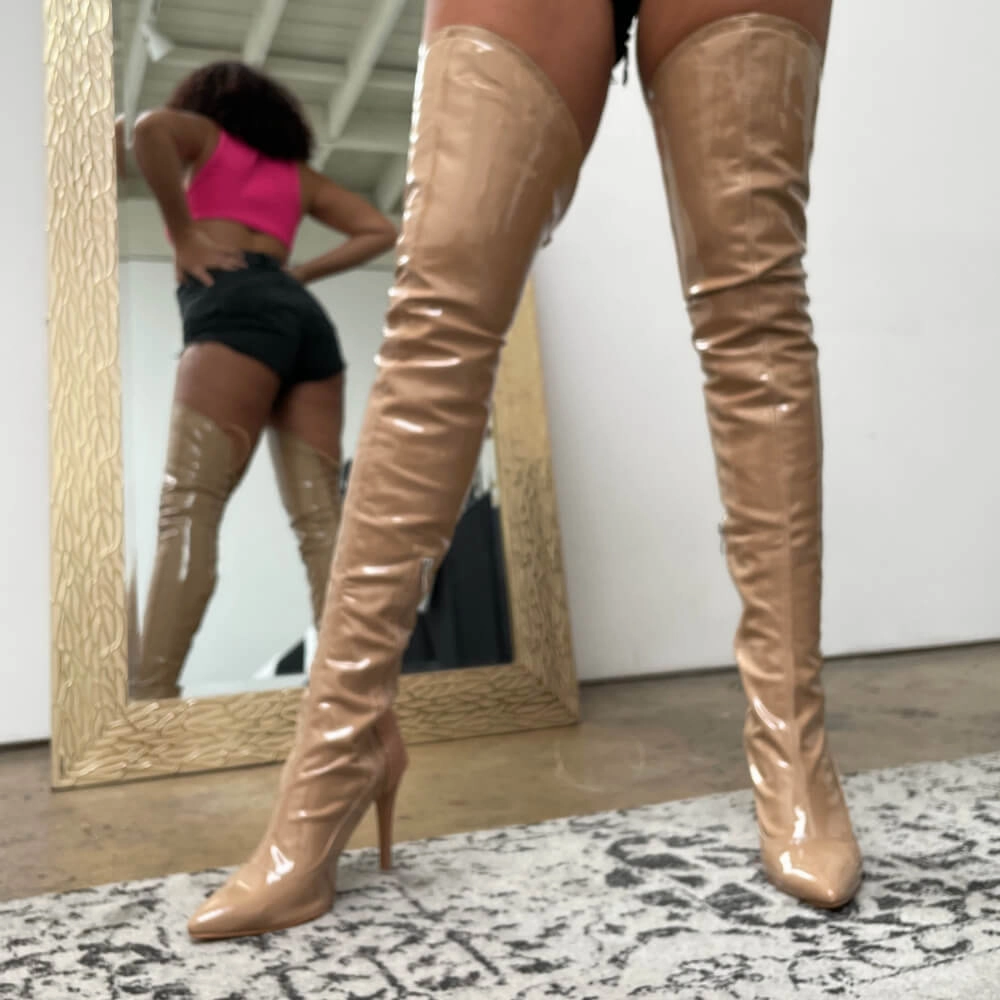Savage Thigh High - Dark Tan Wet Look - Street Sole Premium Heels