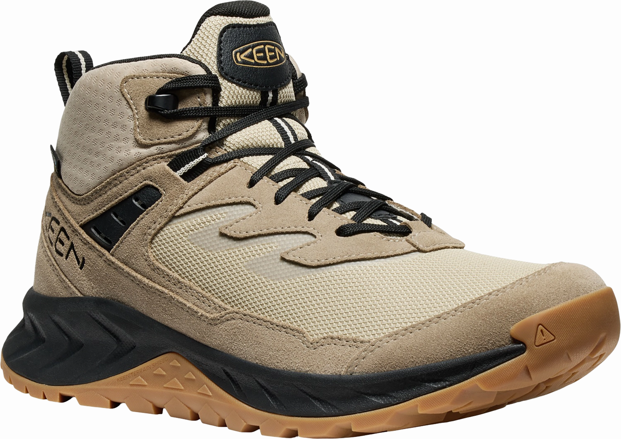 Quarter turn view Men's KEEN Footwear style name Hightrail Mid Waterproof Wide in color BRIND/OAK. Sku: 1030508
