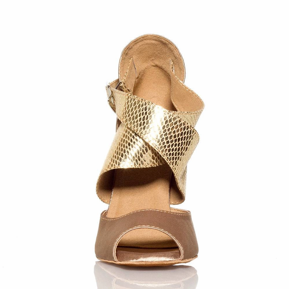 Smart Casual Heels Chic Sandals for Day Jorjet - Medium Tan satin - Suede Sole - Dance Floor Only