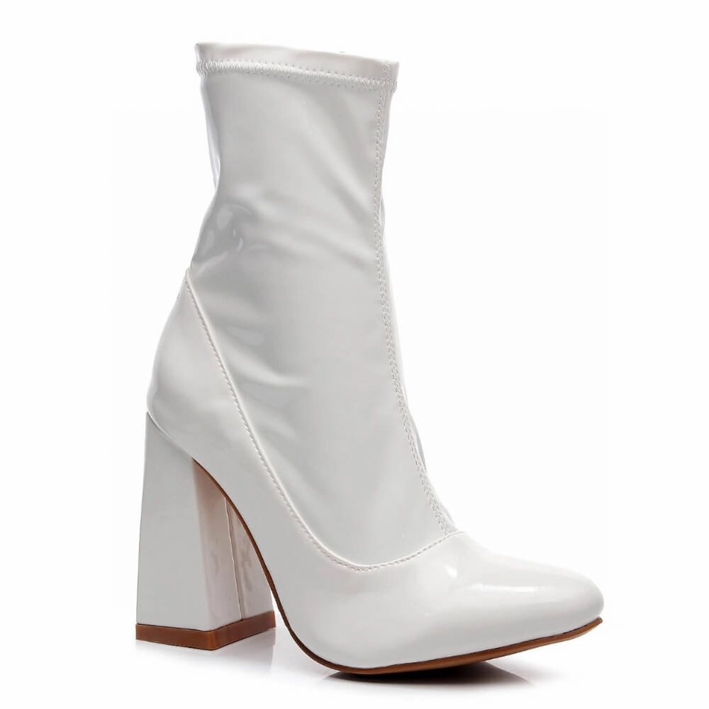 La Gogo Ankle Boot - White Wet Look - Street Sole Suede Heels Gold High Heels