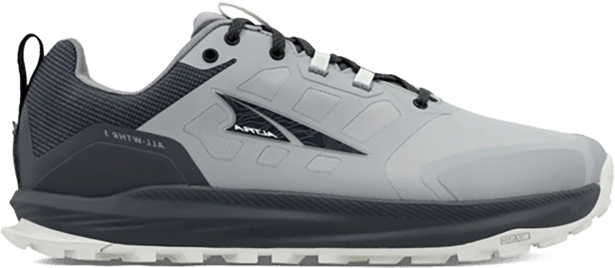 Quarter turn view Men's Altra Footwear style name Lone Peak 9 Waterproof Low in color GRAY. Sku: AL0A85PM-220