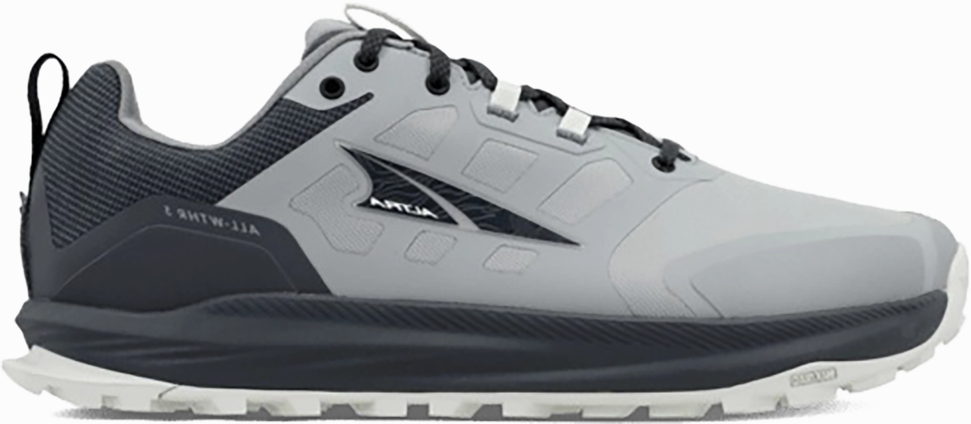 Quarter turn view Men's Altra Footwear style name Lone Peak 9 Waterproof Low in color GRAY. Sku: AL0A85PM-220