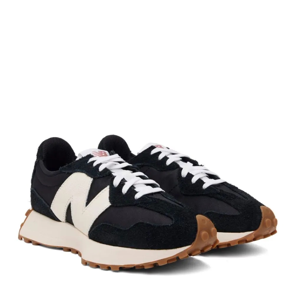 Suede Ready New Balance Women's 327 in Black with White Gum Grippy Outsole Rough Terrain Feather Light Snow Trekker