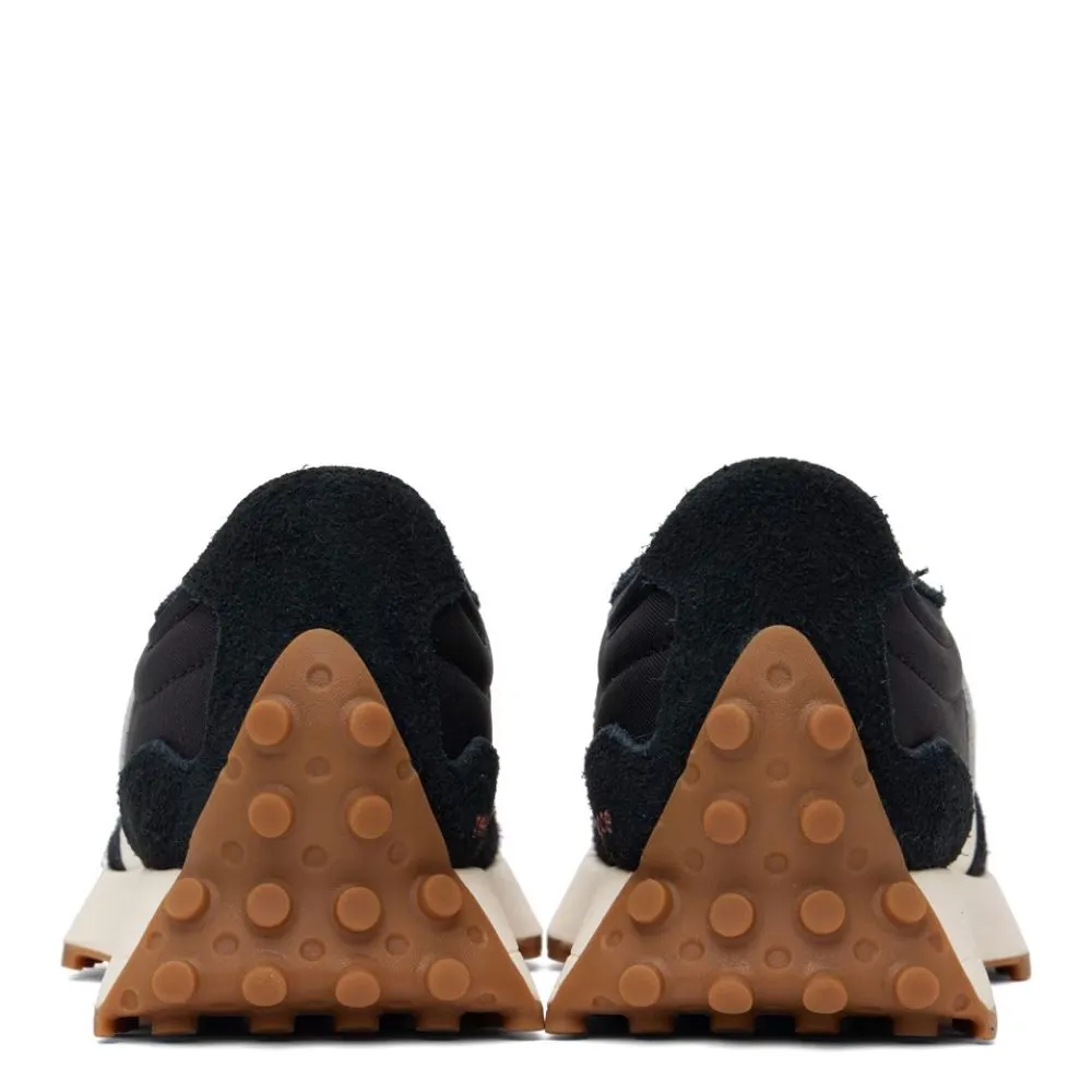 Suede Ready New Balance Women's 327 in Black with White Gum Winter Trek Feather Light River Crossing