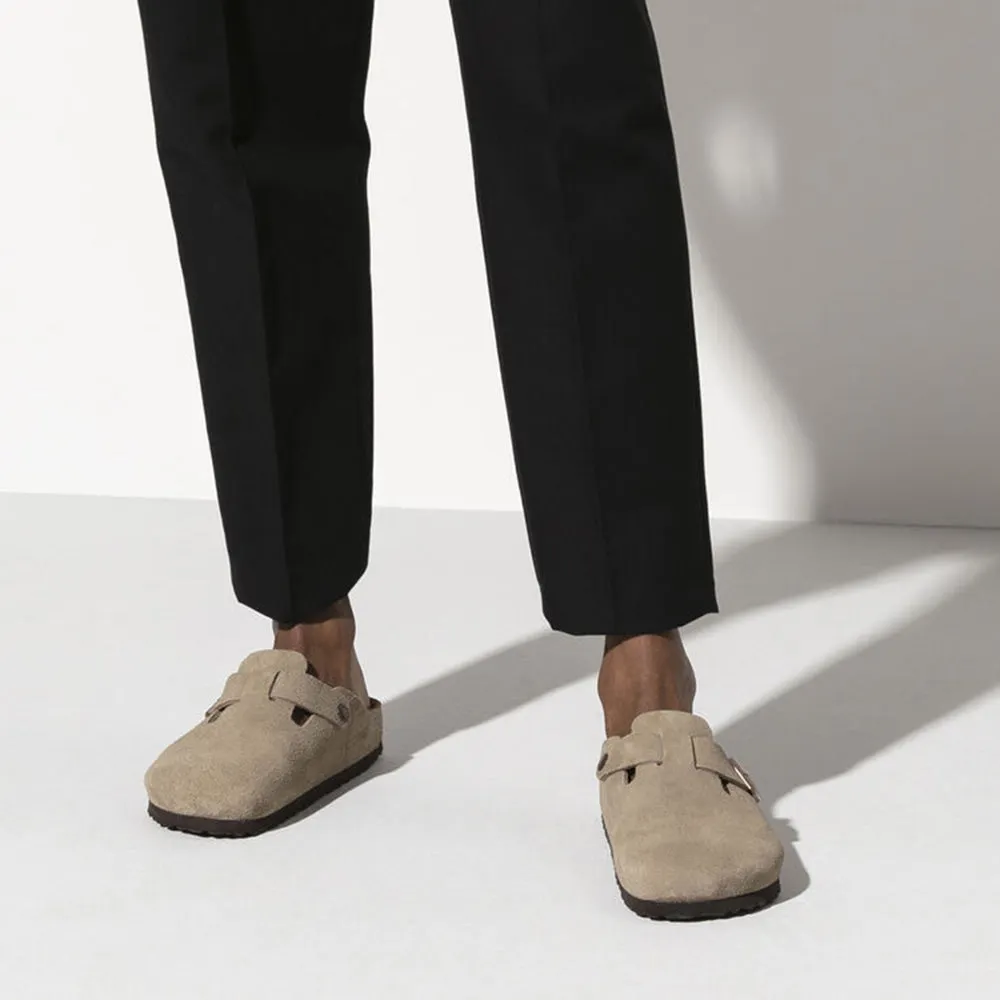 Birkenstock Boston Softbed Suede Leather in Taupe Quick On Wedge Sole Padded Interior Nature Lover