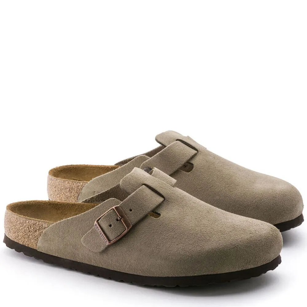Mountain Fit Birkenstock Boston Softbed Suede Leather in Taupe Cushioned Step Work Commute Low Profile Outdoor Explorer