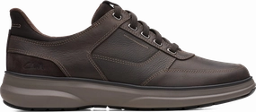 Quarter turn view Men's Clarks Footwear style name Mullan Easy in color DK BRN LEA. Sku: 26184416