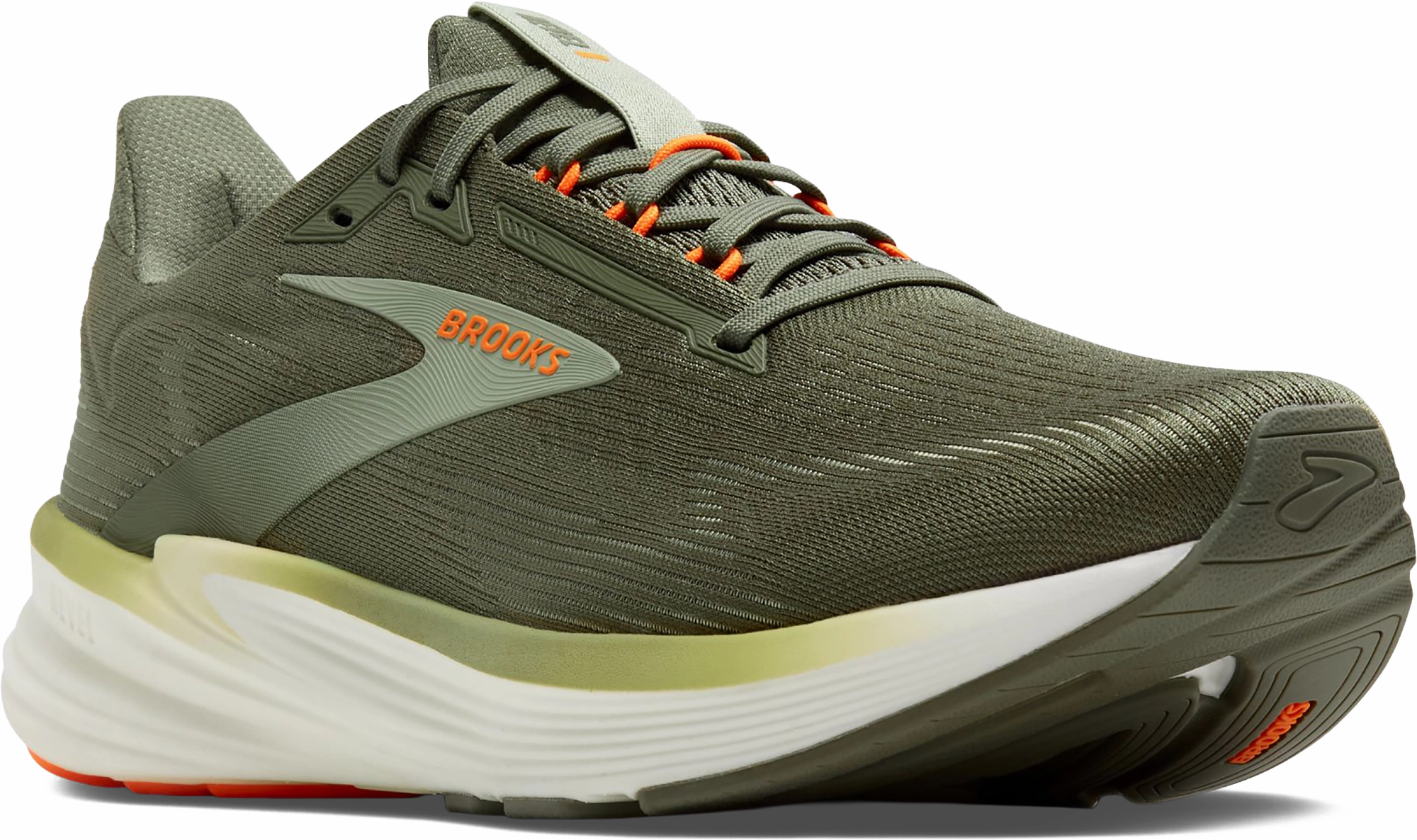 Quarter turn view Men's Brooks Footwear style name Revel 8 Medium in color OLV/TEA/OR. Sku: 110468-1D380