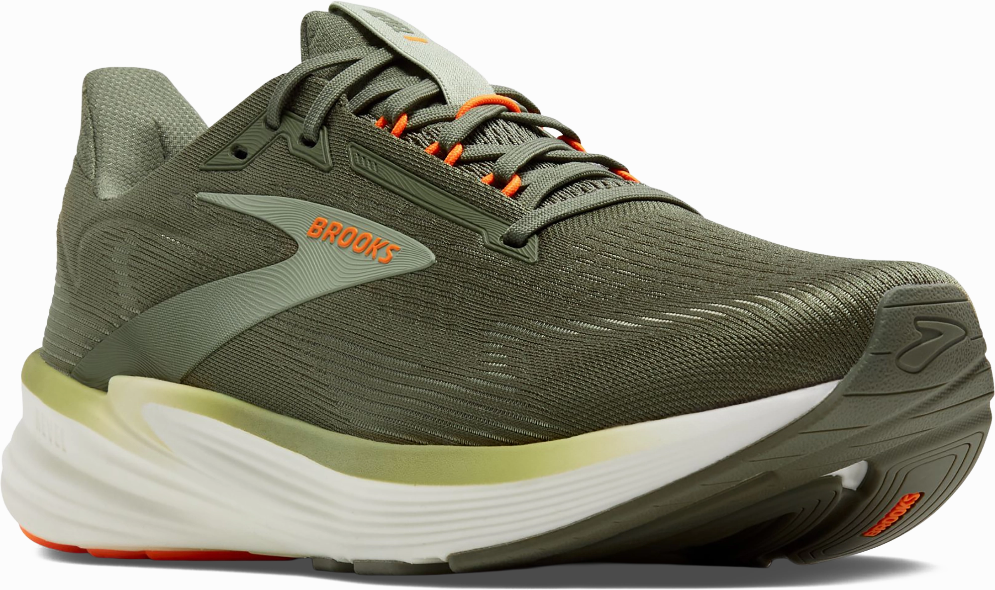 Quarter turn view Men's Brooks Footwear style name Revel 8 Medium in color OLV/TEA/OR. Sku: 110468-1D380