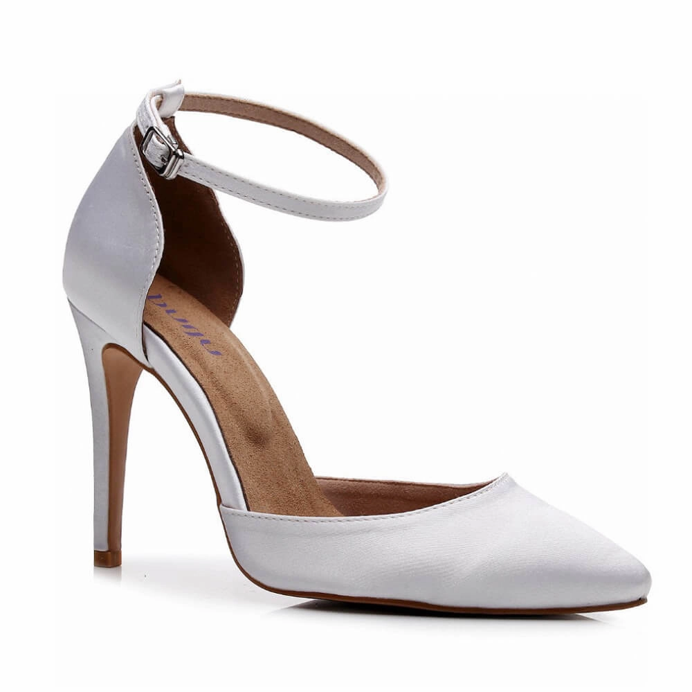 Charlie - White Satin - Street Sole Stiletto Chic Round Toe