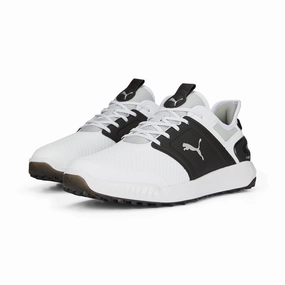 running in a famous bridge area shoes Stripe IGNITE ELEVATE Wide Spikeless Golf Shoes | Puma White / Puma Black / Metallic Silver