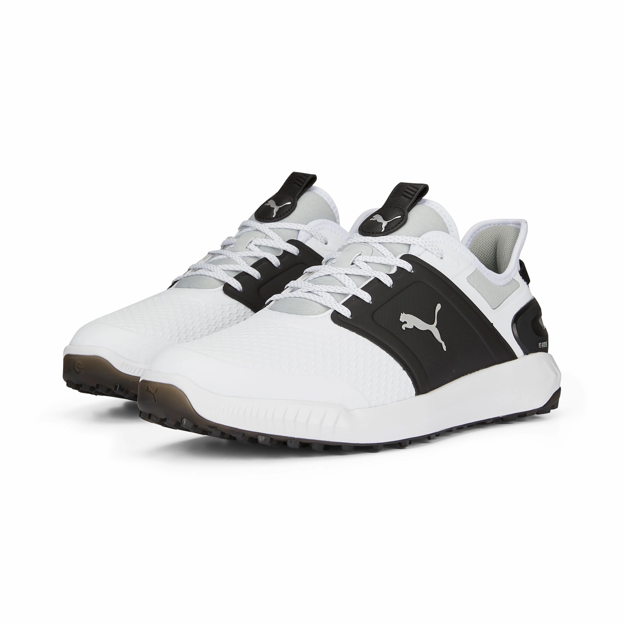 IGNITE ELEVATE Wide Spikeless Golf Shoes | Puma White / Puma Black / Metallic Silver flat sole shoes