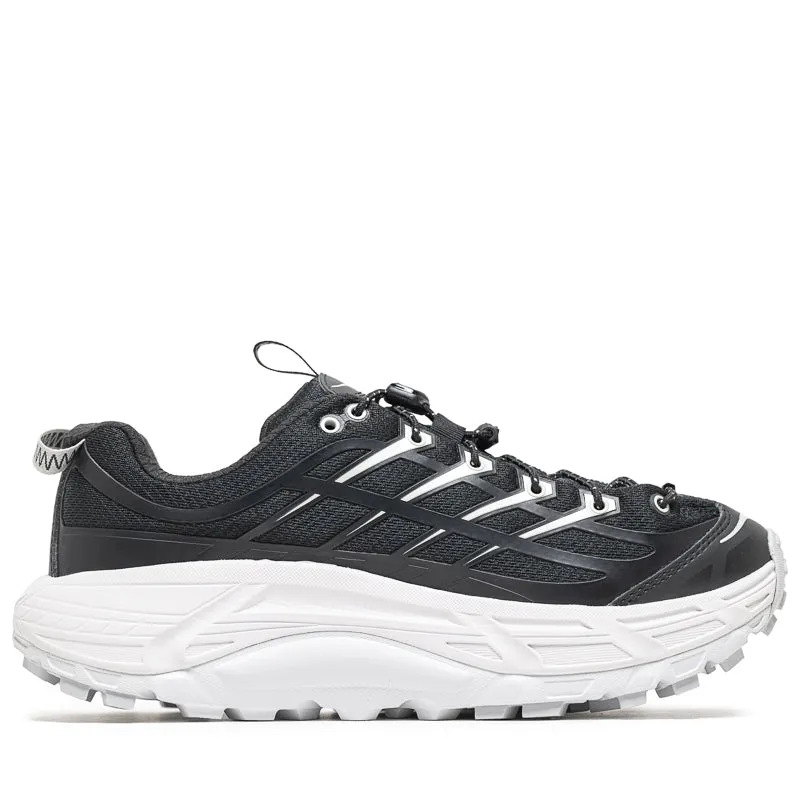 Hoka Mafate Three2 - Black/Cosmic Grey adjustable lacing system running in dusty tracks shoes