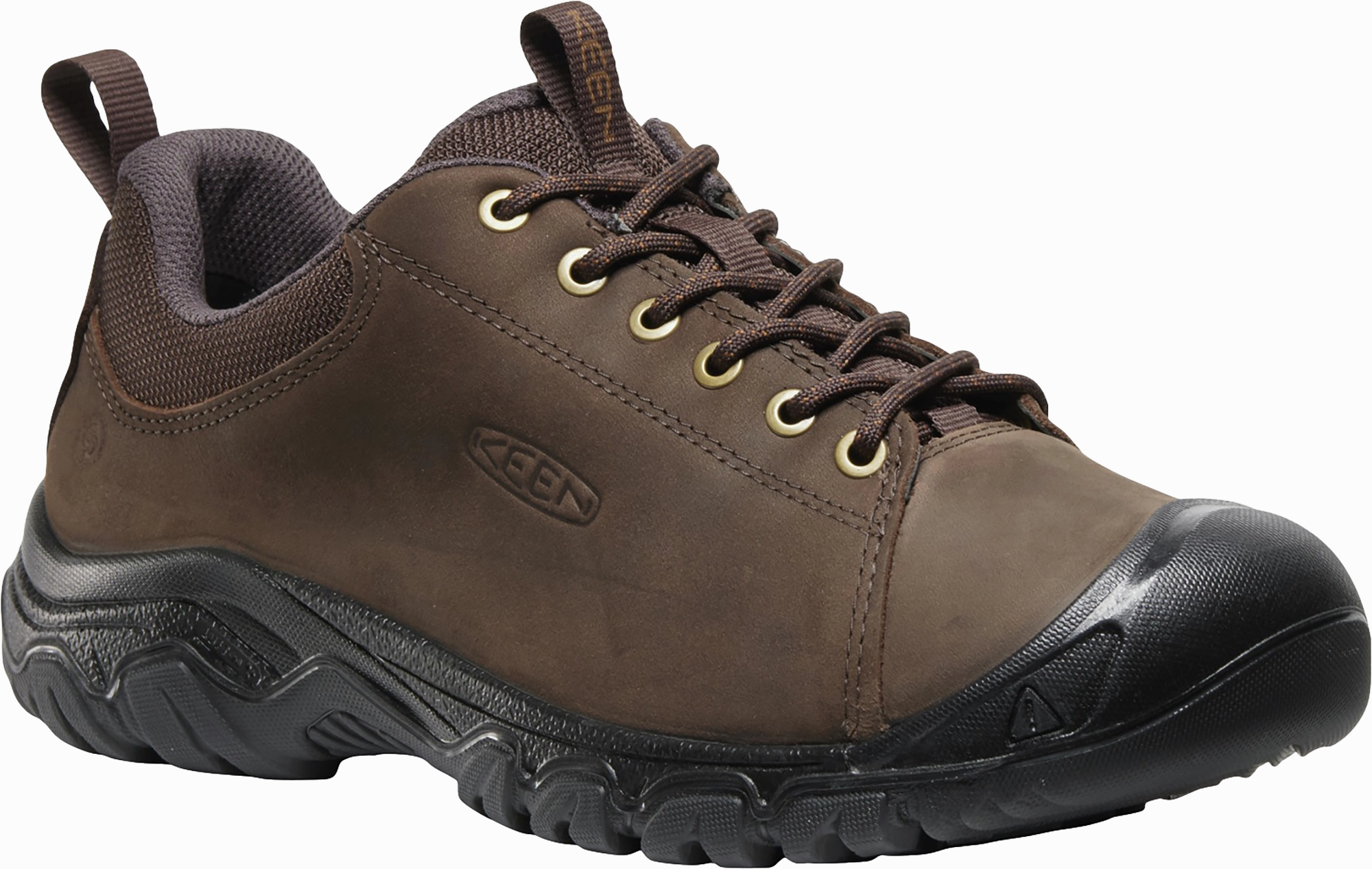 Quarter turn view Men's KEEN Footwear style name Targhee IV Oxford Wide in color JAVA/BLK. Sku: 1031173