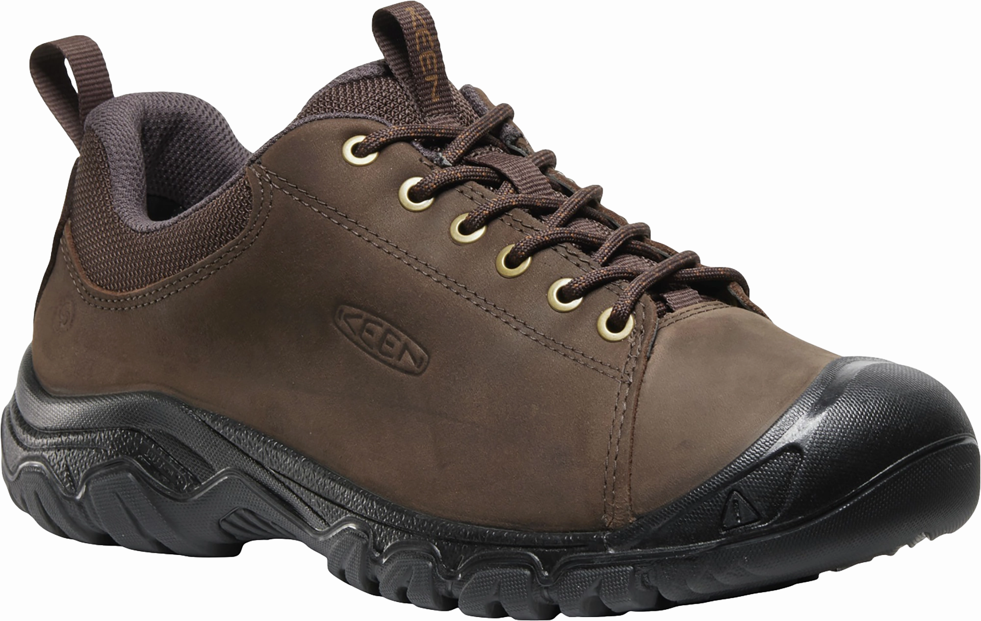 Quarter turn view Men's KEEN Footwear style name Targhee IV Oxford Wide in color JAVA/BLK. Sku: 1031173
