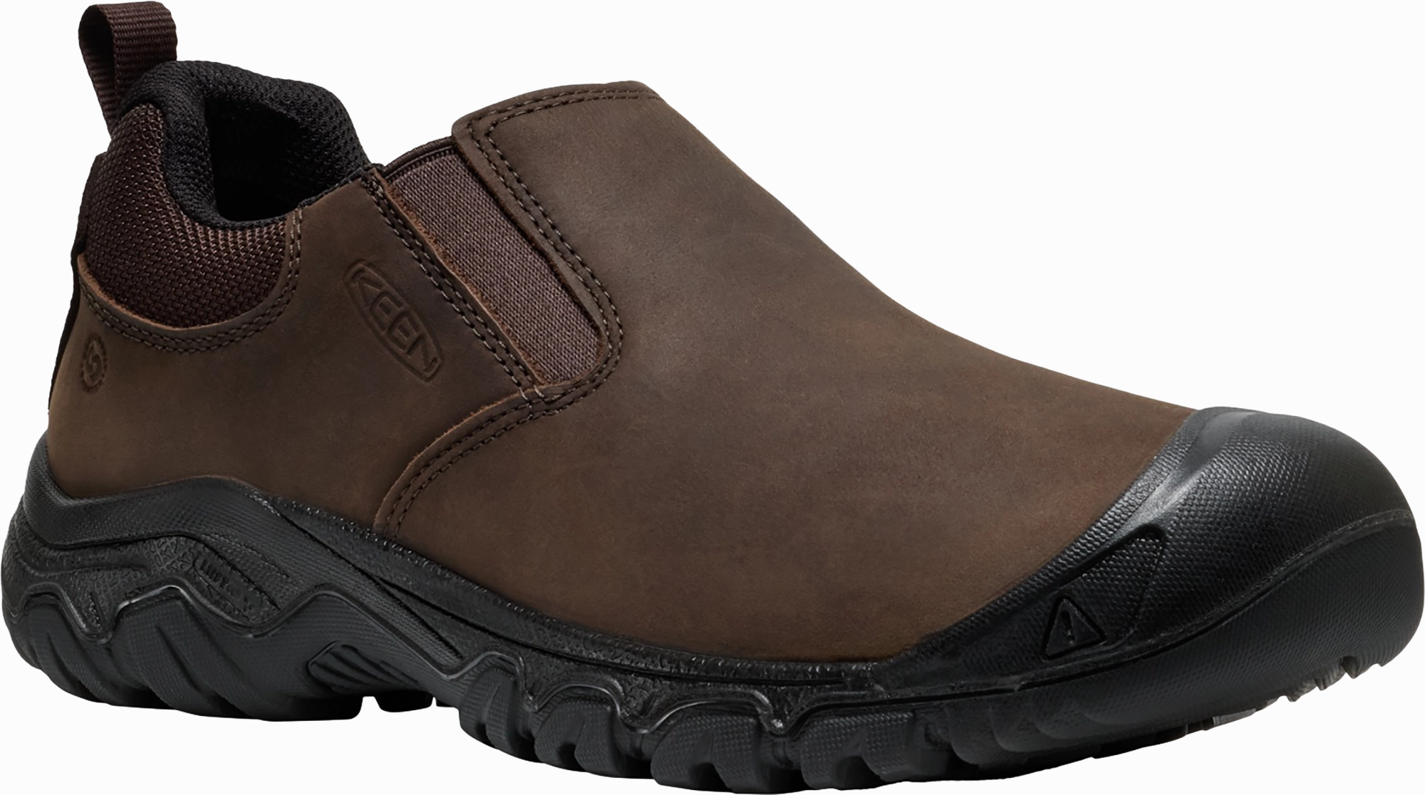 Quarter turn view Men's KEEN Footwear style name Targhee IV Slip-On in color JAVA/BLK. Sku: 1031163