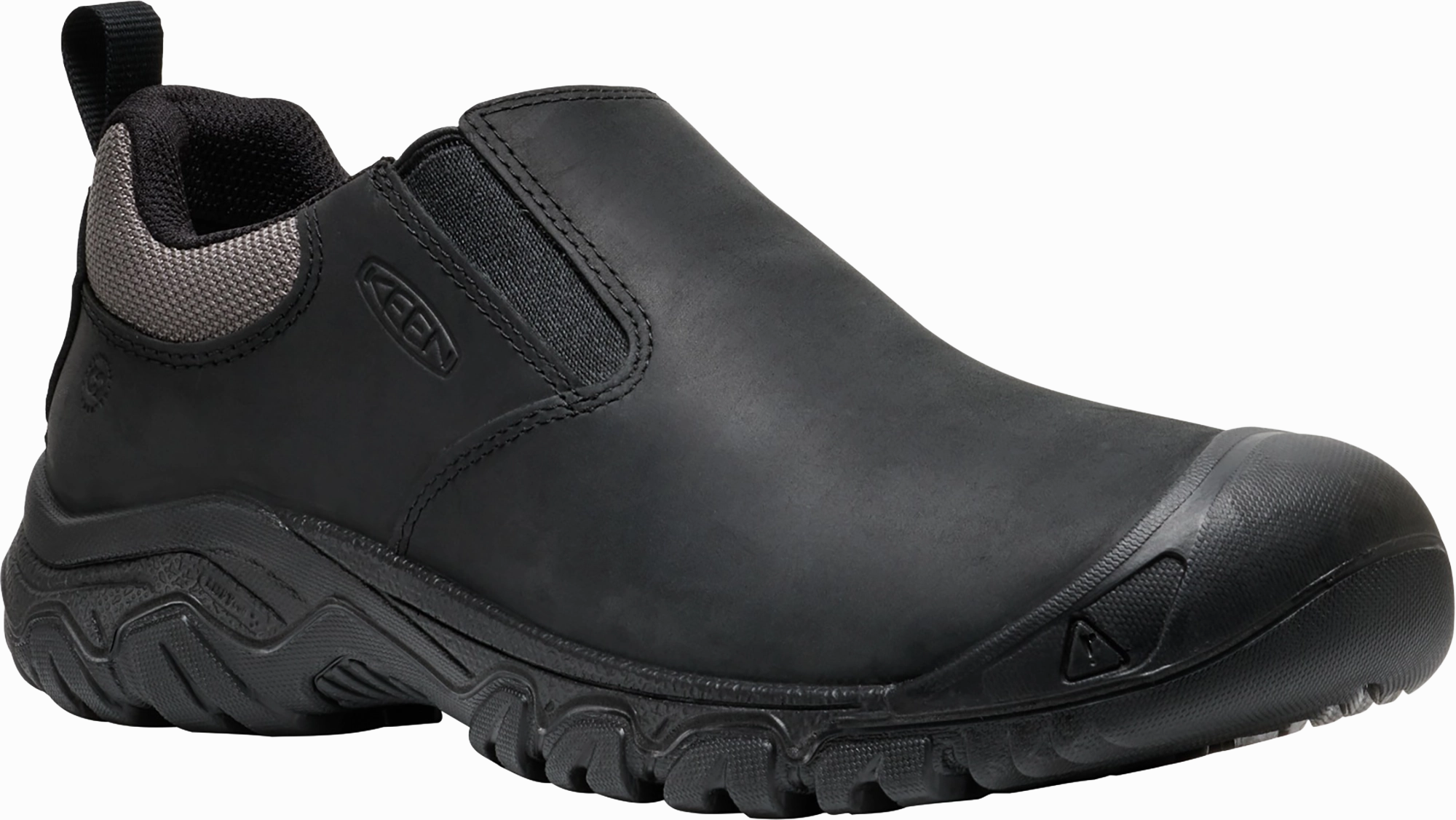 Quarter turn view Men's KEEN Footwear style name Targhee IV Slip-On in color BLACK. Sku: 1031164