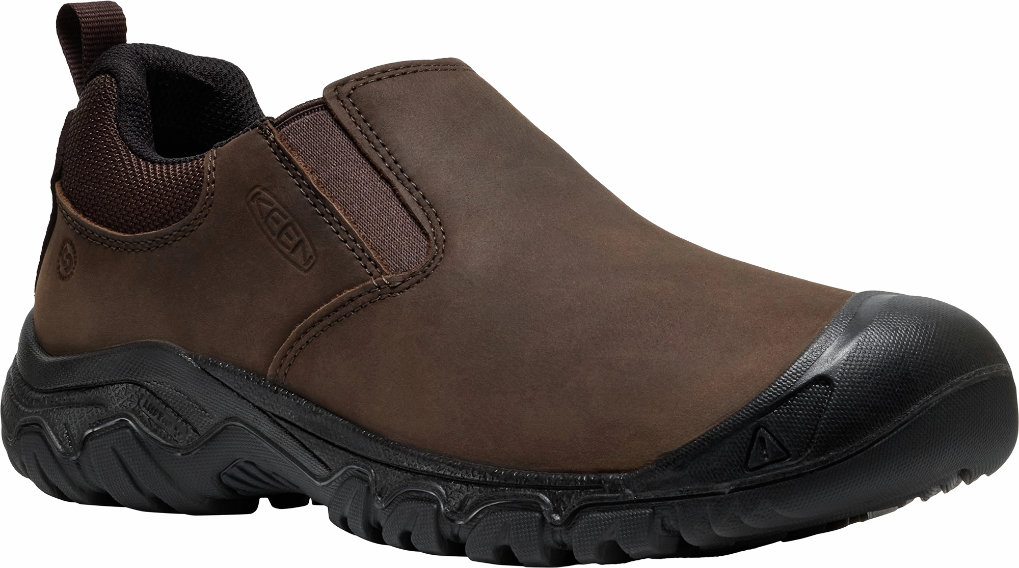 Quarter turn view Men's KEEN Footwear style name Targhee IV Slip-On Wide in color JAVA/BLK. Sku: 1031174