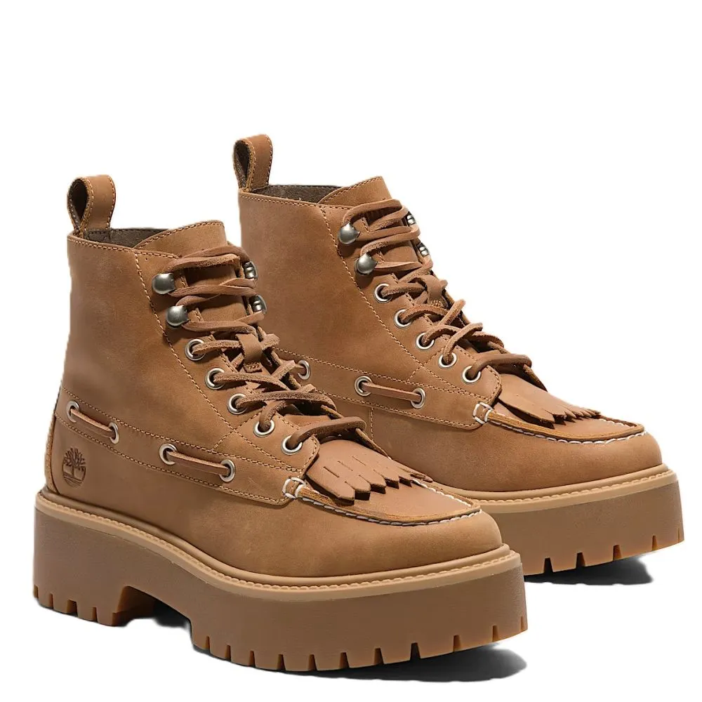 Timberland Women's Stone Street Mid 7-Eye Platform Boot in Wheat Full-Grain Practical Stable Support Rough Trail Hiker